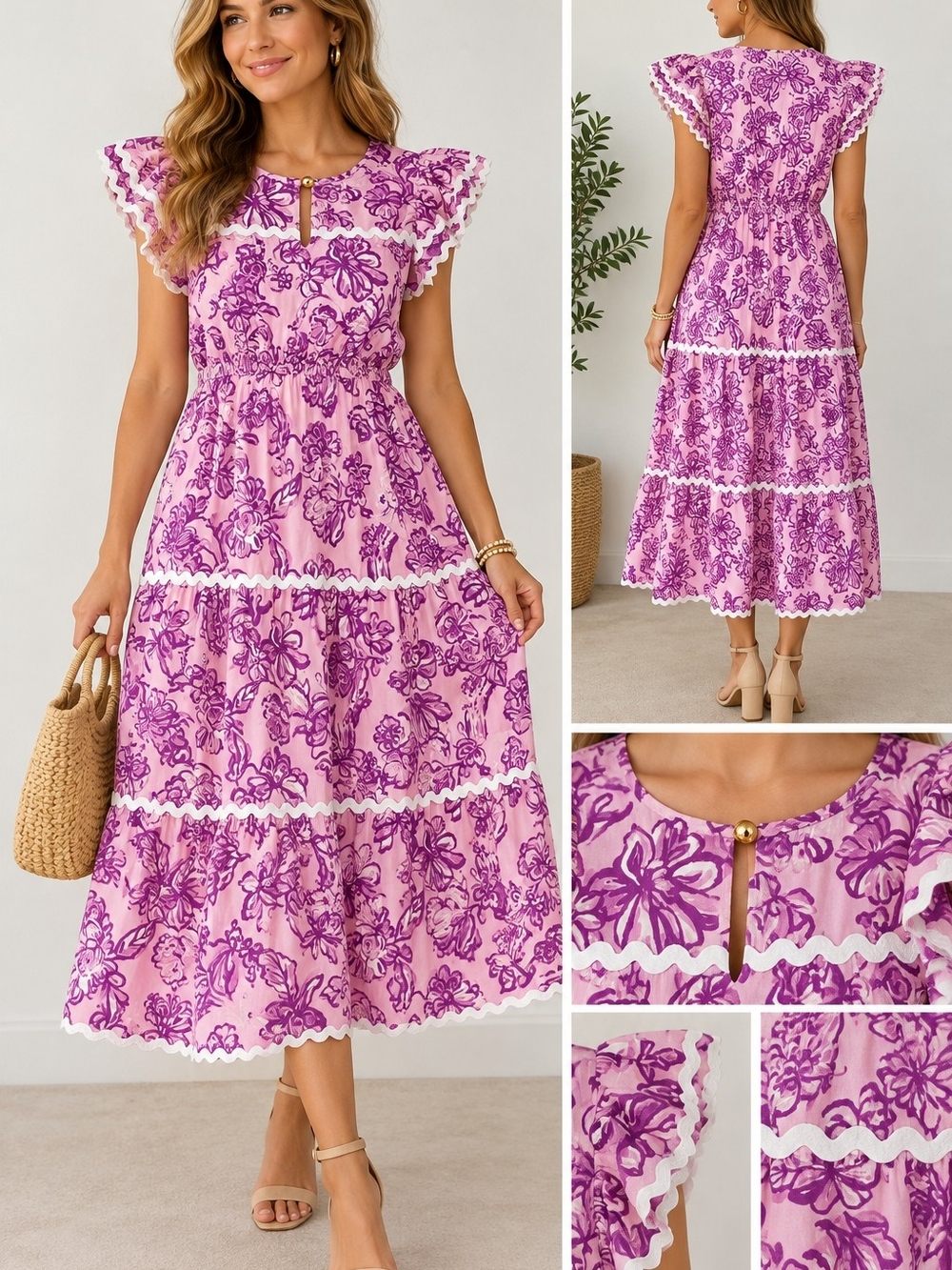 NWT STS Sail to Sable Floral Ric Rac Tiered Midi Dress Pink Purple XL